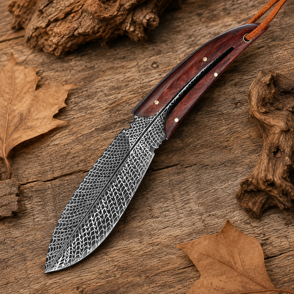 Damascus-Pattern Fixed Blade Knife with Red Wood Handle & Leather Lanyard – Rustic Outdoor Collector Gift