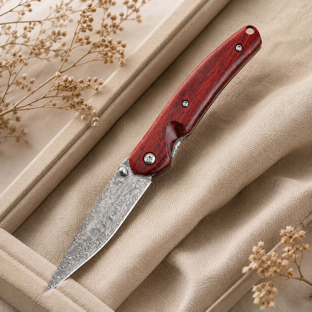 Red Wood Handle Damascus-Pattern Folding Knife – Compact Outdoor Pocket Knife & Collector Gift