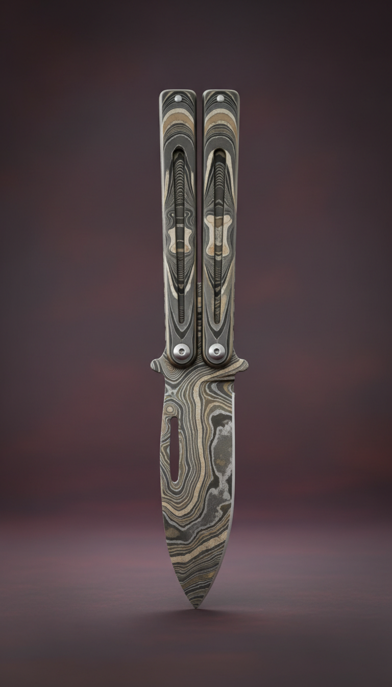 Damascus steel balisong with etched spine