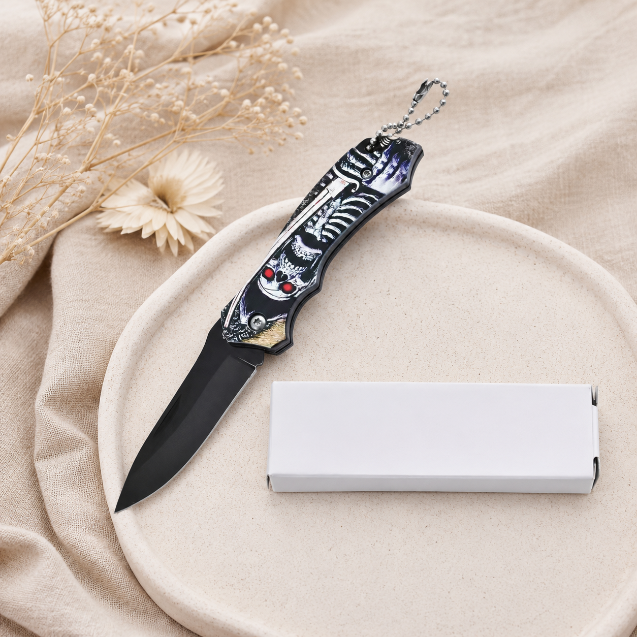 Gothic Skeleton Graphic Folding Pocket Knife with Black Blade & Keychain – Dark Fantasy Collector Gift