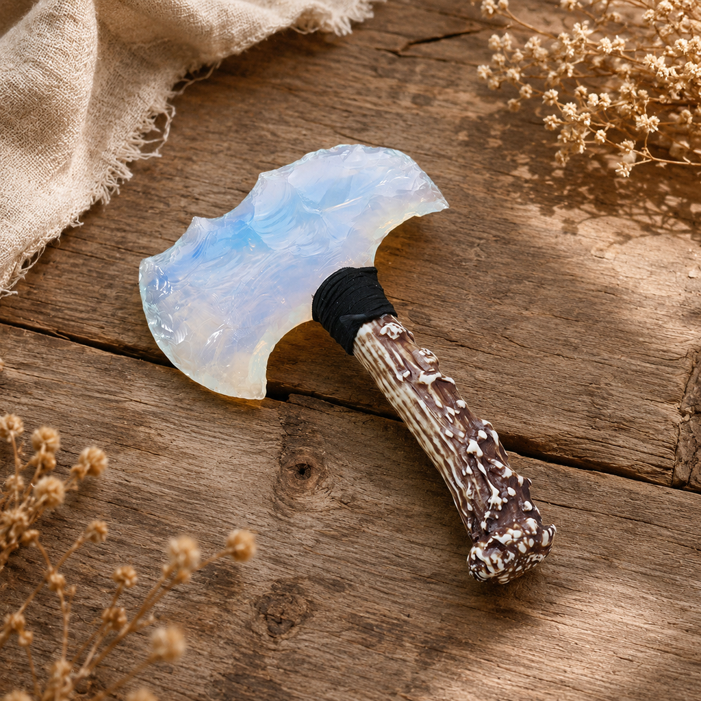 Opalite Double Crescent Axe with Antler-Style Handle, Iridescent Crystal Display Ornament, Rustic Fantasy Decor and Collector Gift