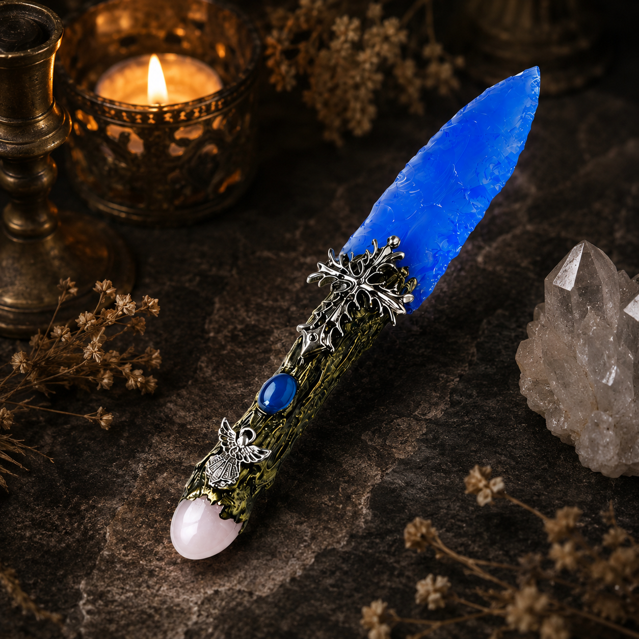 Blue Opalite Fantasy Dagger, Ornate Cross and Angel Handle, Crystal Magic Wand Display, Gothic Altar Decor and Collector Gift
