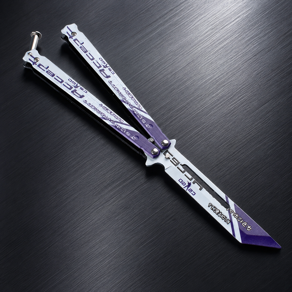 White Purple Cyber Balisong Style Collectible, Futuristic Butterfly Design, Metal Display Piece with Tech Graphic Pattern