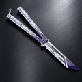 White Purple Cyber Balisong Style Collectible, Futuristic Butterfly Design, Metal Display Piece with Tech Graphic Pattern