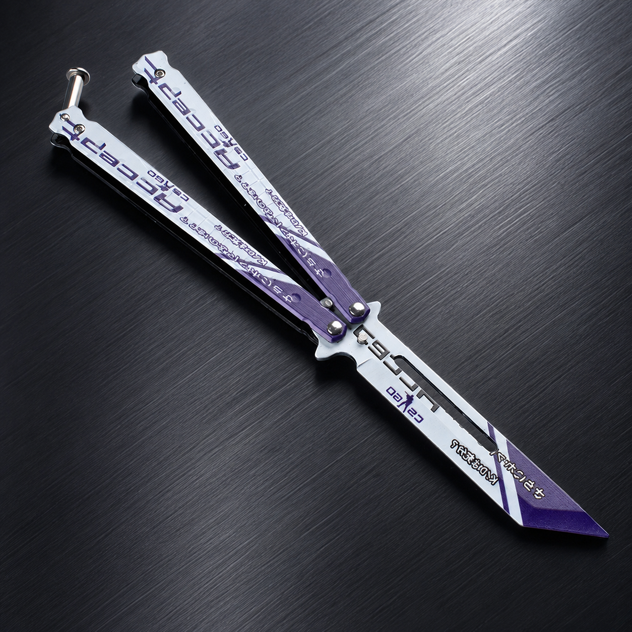 White Purple Cyber Balisong Style Collectible, Futuristic Butterfly Design, Metal Display Piece with Tech Graphic Pattern