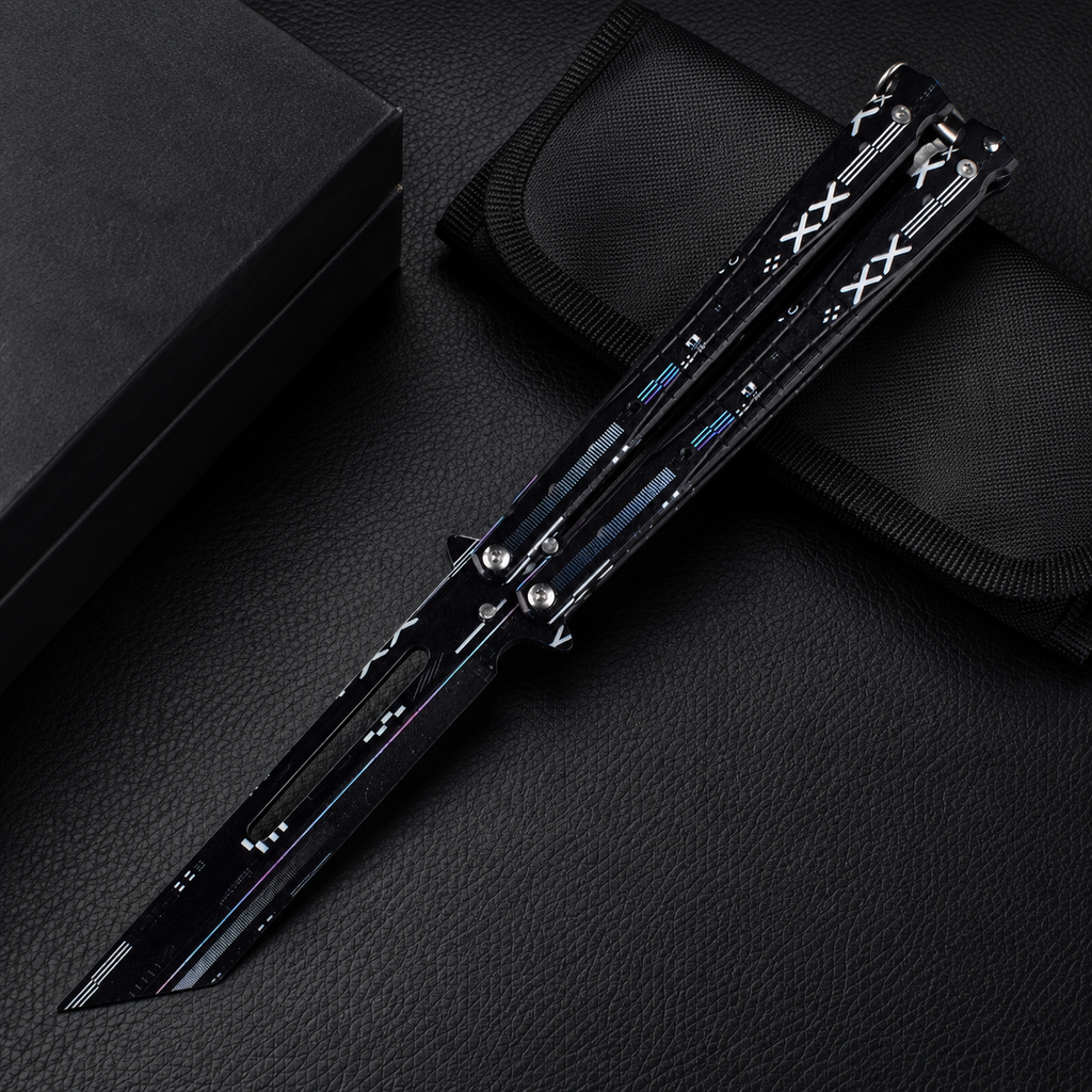 Black Cyber Balisong Butterfly Knife, Futuristic Folding Knife Collectible, XXX Graphic Metal Design, Modern Display Gift