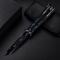 Black Cyber Balisong Butterfly Knife, Futuristic Folding Knife Collectible, XXX Graphic Metal Design, Modern Display Gift