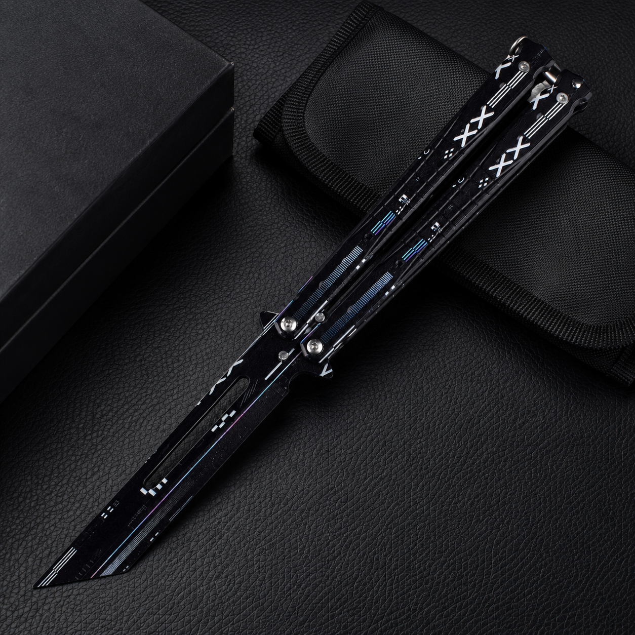 Black Cyber Balisong Butterfly Knife, Futuristic Folding Knife Collectible, XXX Graphic Metal Design, Modern Display Gift