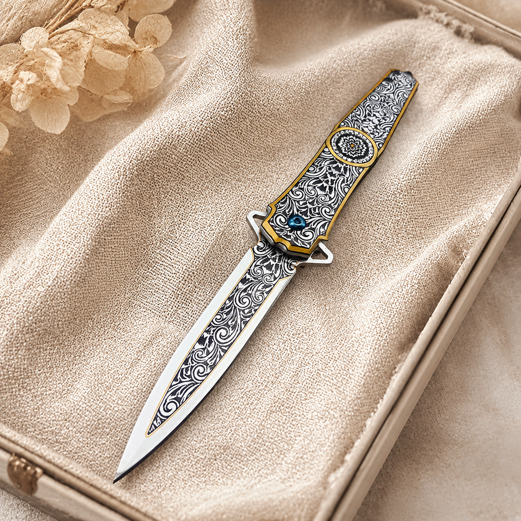 Ornate Black & Gold Engraved Folding Knife with Mandala Design – Decorative Collector Pocket Knife