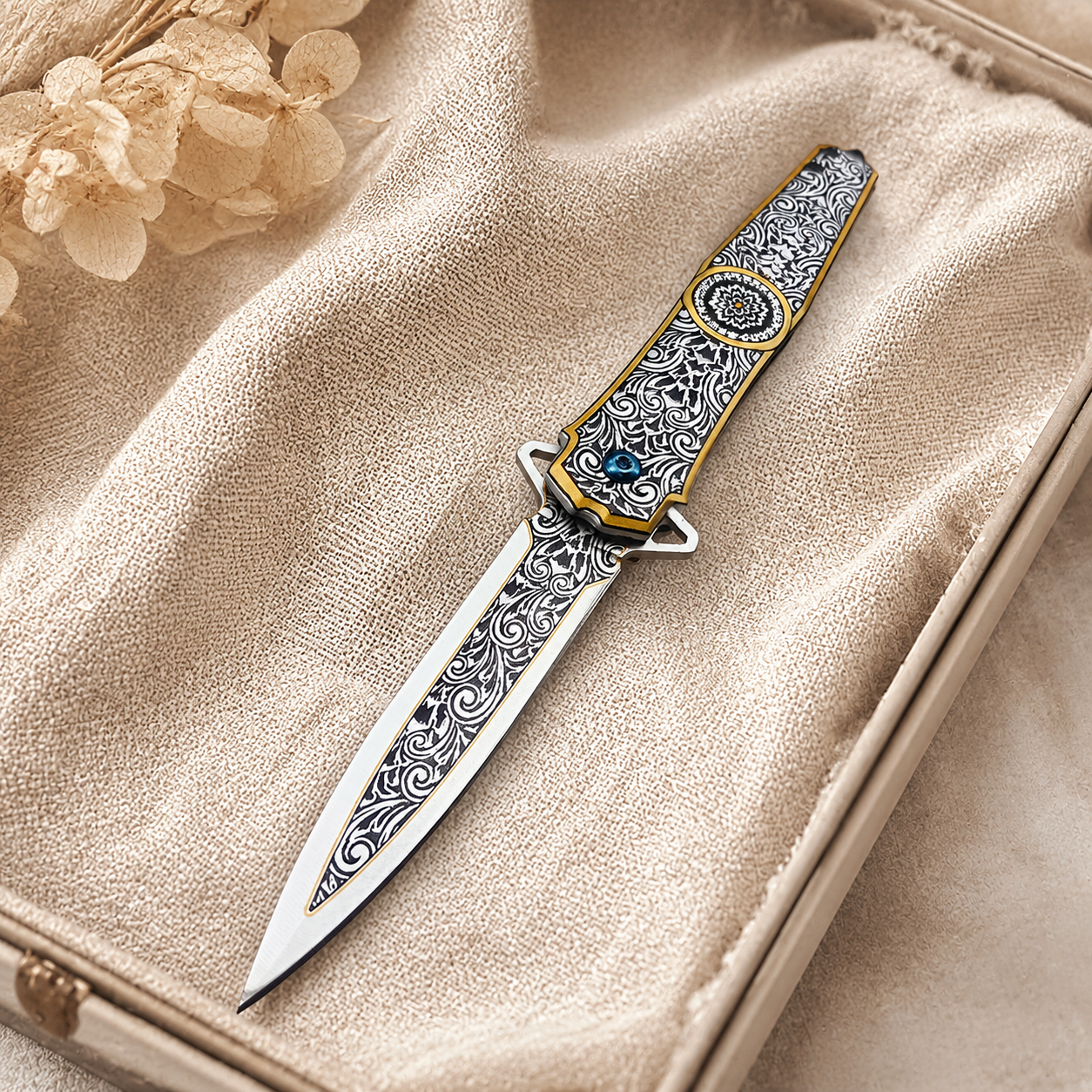 Ornate Black & Gold Engraved Folding Knife with Mandala Design – Decorative Collector Pocket Knife