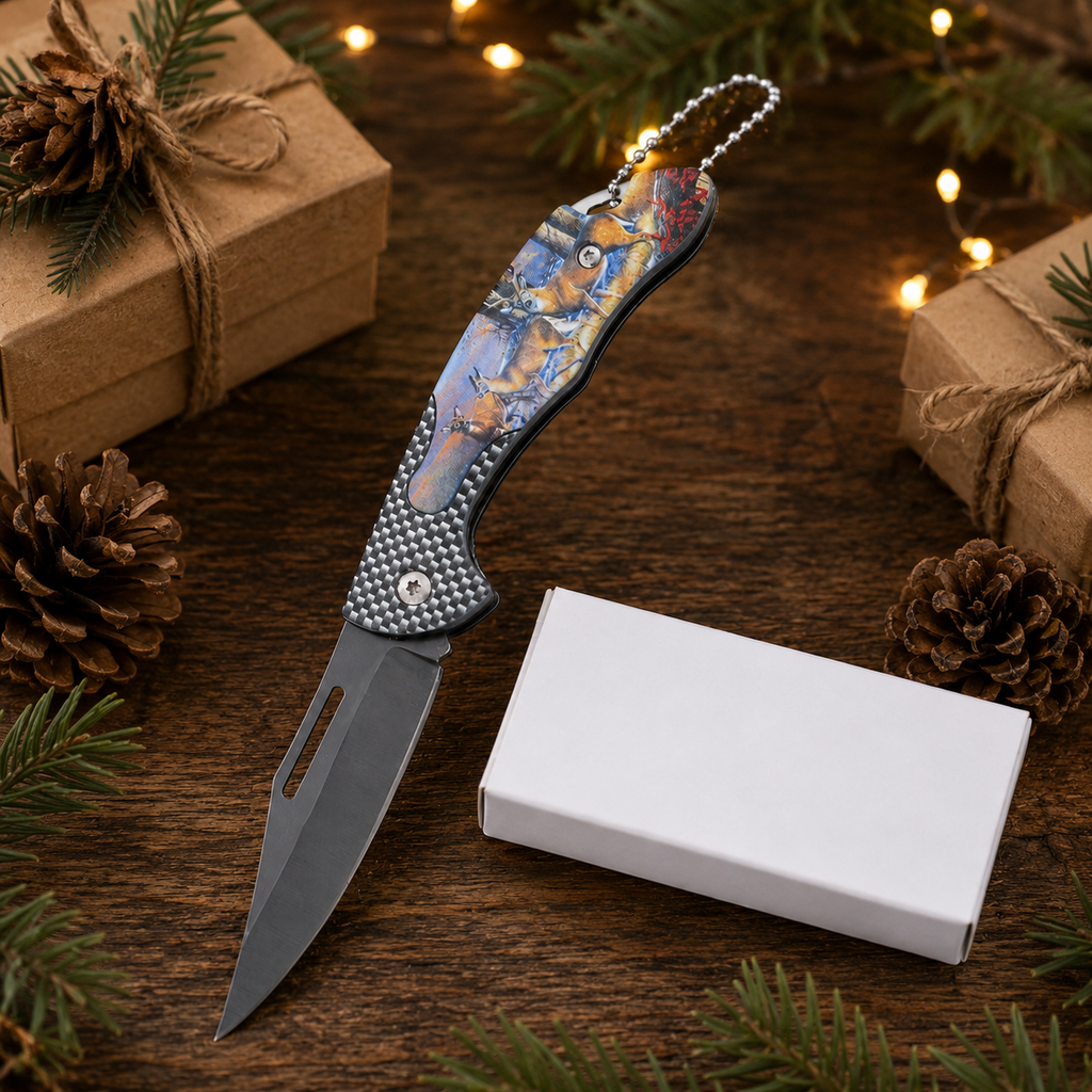 Deer Wildlife Graphic Folding Pocket Knife with Gray Blade & Keychain – Outdoor Hunter Collector Gift