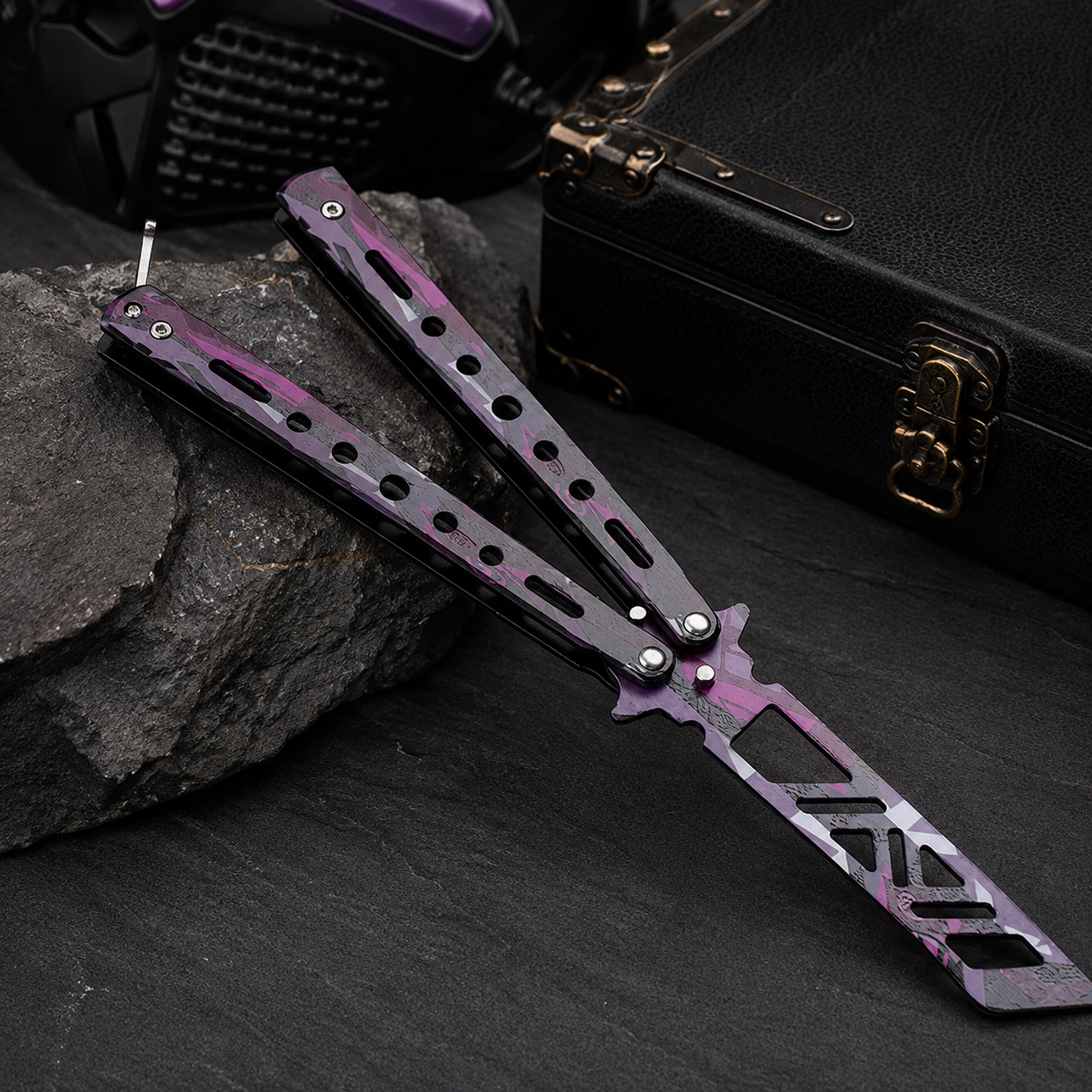 Purple Camo Balisong Trainer, Butterfly Practice Tool with Skeletonized Design, Metal Flipping Trainer and Collectible Display Piece