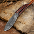Damascus-Pattern Fixed Blade Knife with Red Wood Handle & Leather Lanyard – Rustic Outdoor Collector Gift