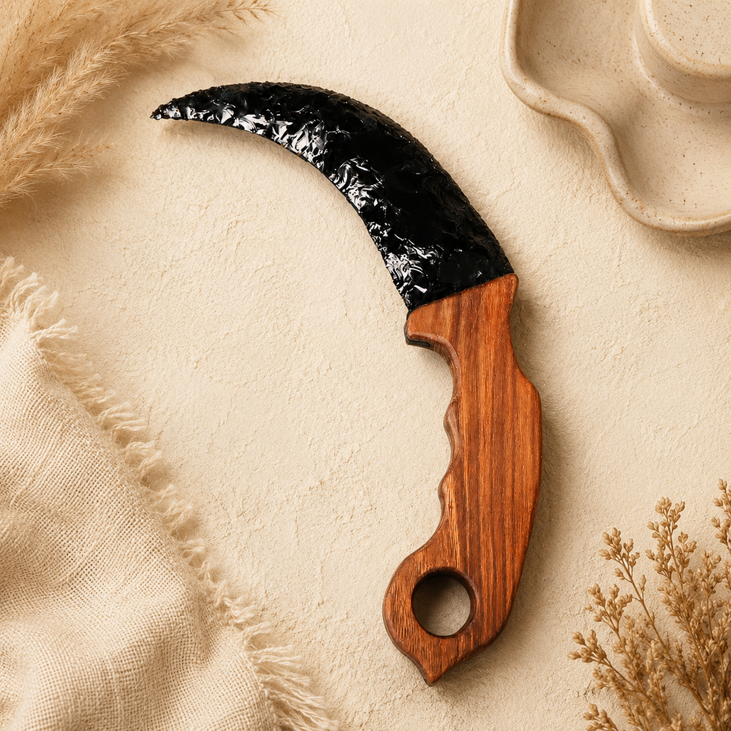 Black Obsidian Crescent Dagger with Wooden Handle, Moon-Shaped Crystal Display Ornament, Gothic Altar Decor and Collector Gift