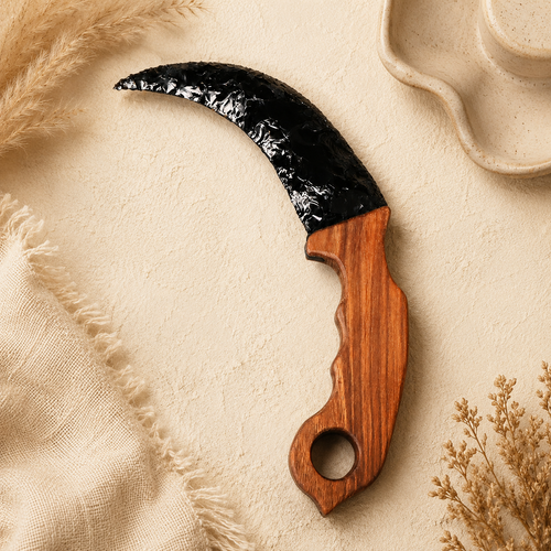 Black Obsidian Crescent Dagger with Wooden Handle, Moon-Shaped Crystal Display Ornament, Gothic Altar Decor and Collector Gift