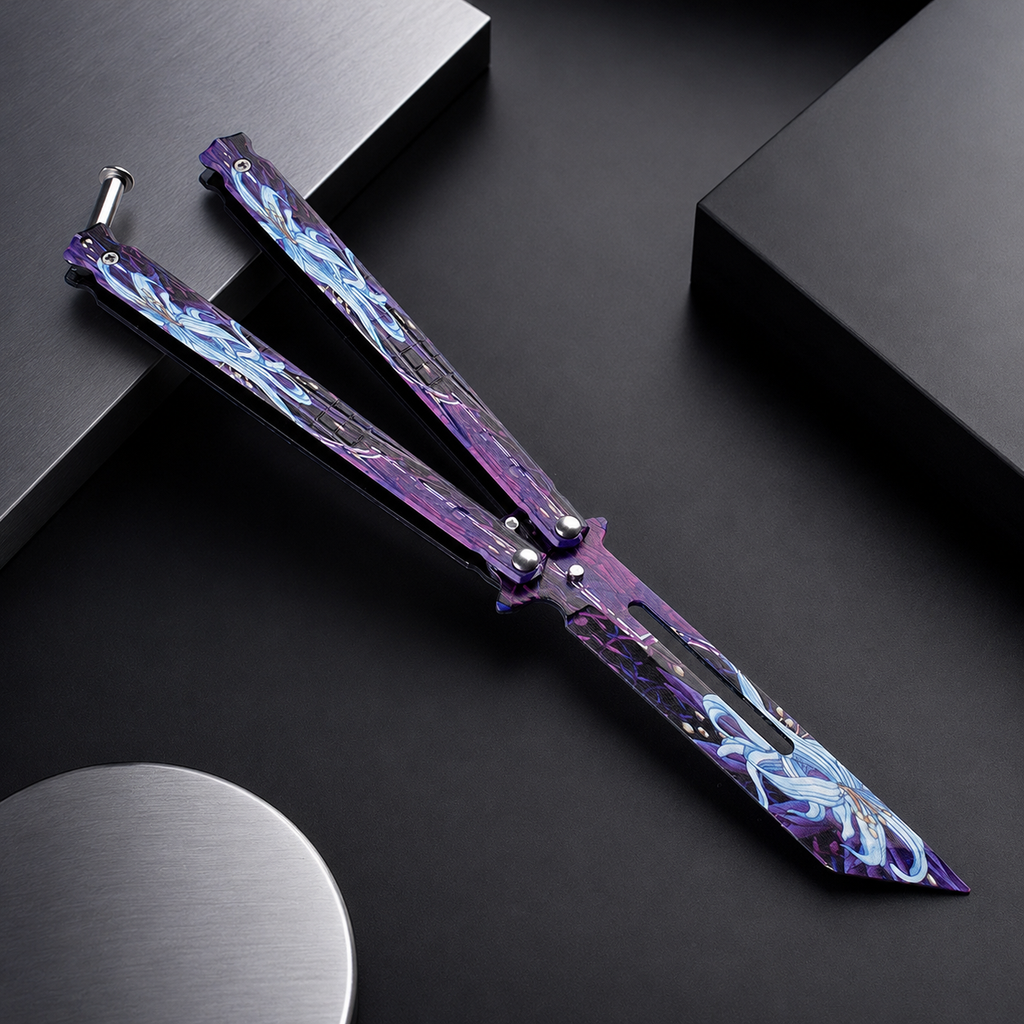 Purple Butterfly Knife Inspired Folding Collectible, Artistic Metal Design, Unique Pocket Display Piece, Modern EDC Style Gift