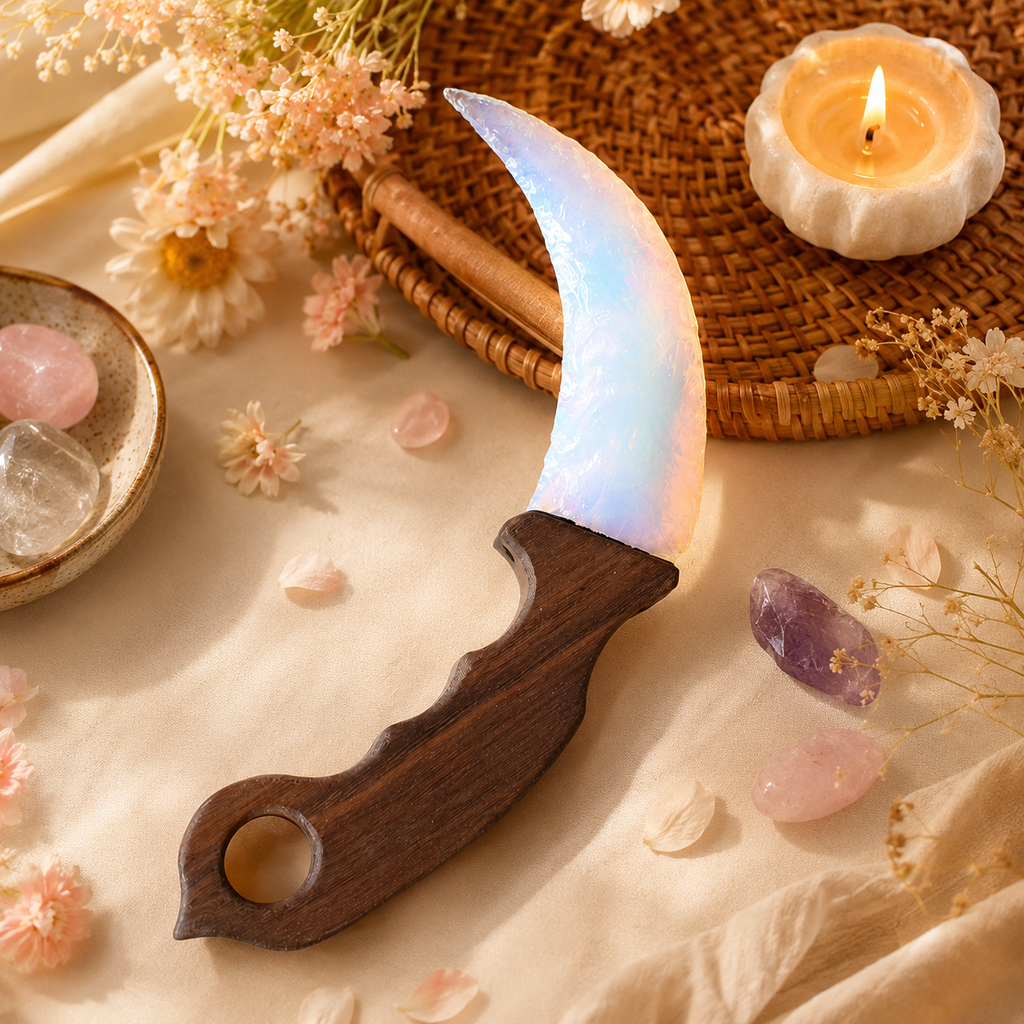White Opalite Crescent Dagger with Wooden Handle, Moon-Shaped Fantasy Crystal Display, Celestial Altar Decor and Collector Gift