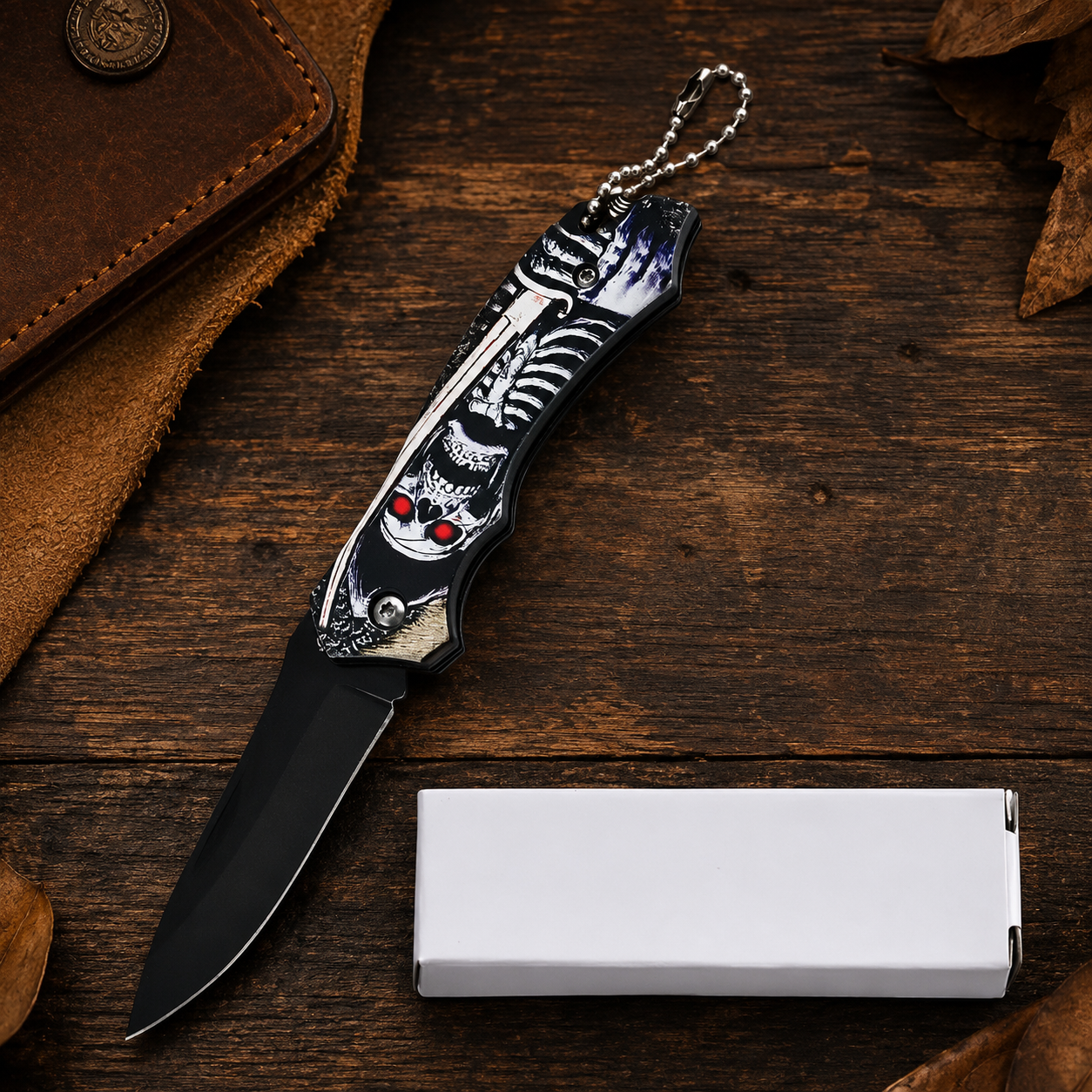 Gothic Skeleton Graphic Folding Pocket Knife with Black Blade & Keychain – Dark Fantasy Collector Gift