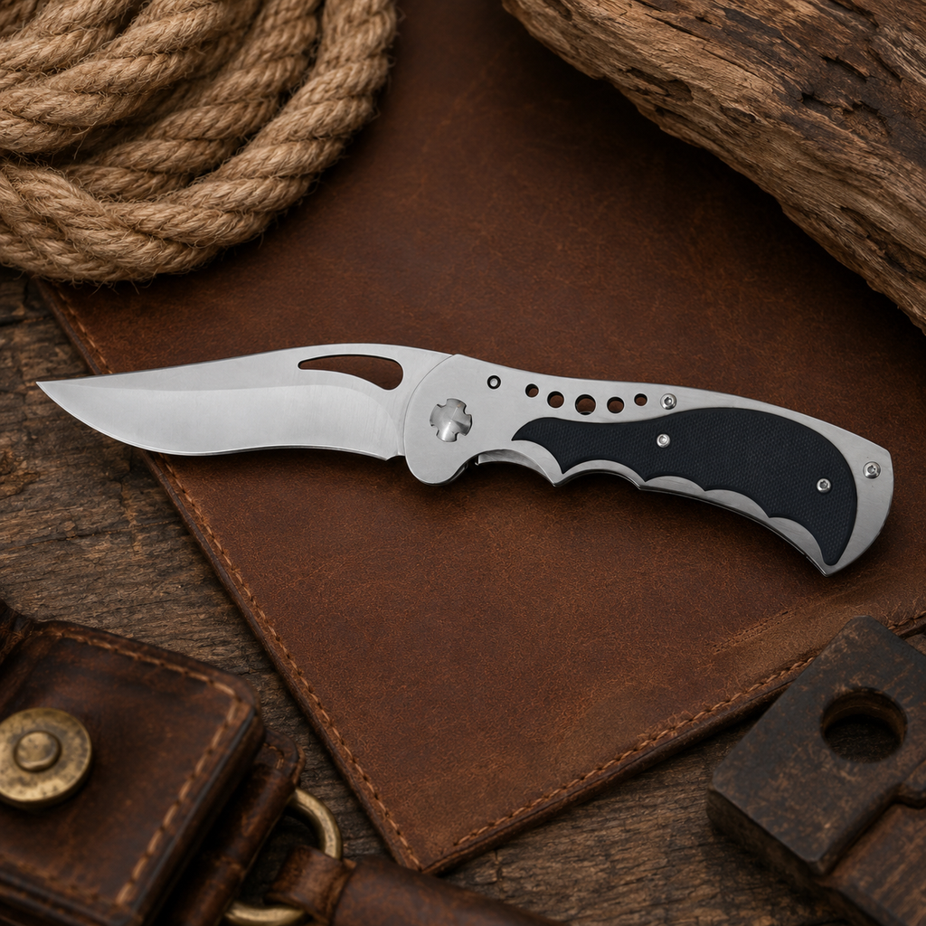 Silver Folding Pocket Knife with Black Textured Handle, Wide Curved Blade and Ergonomic Finger Grooves – Outdoor Collector Gift