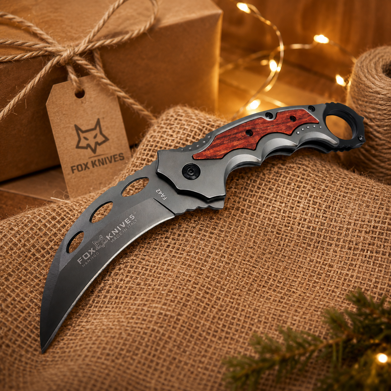 Red Wood Inlay Karambit-Style Folding Pocket Knife with Curved Gray Blade & Finger Ring – Collector Gift