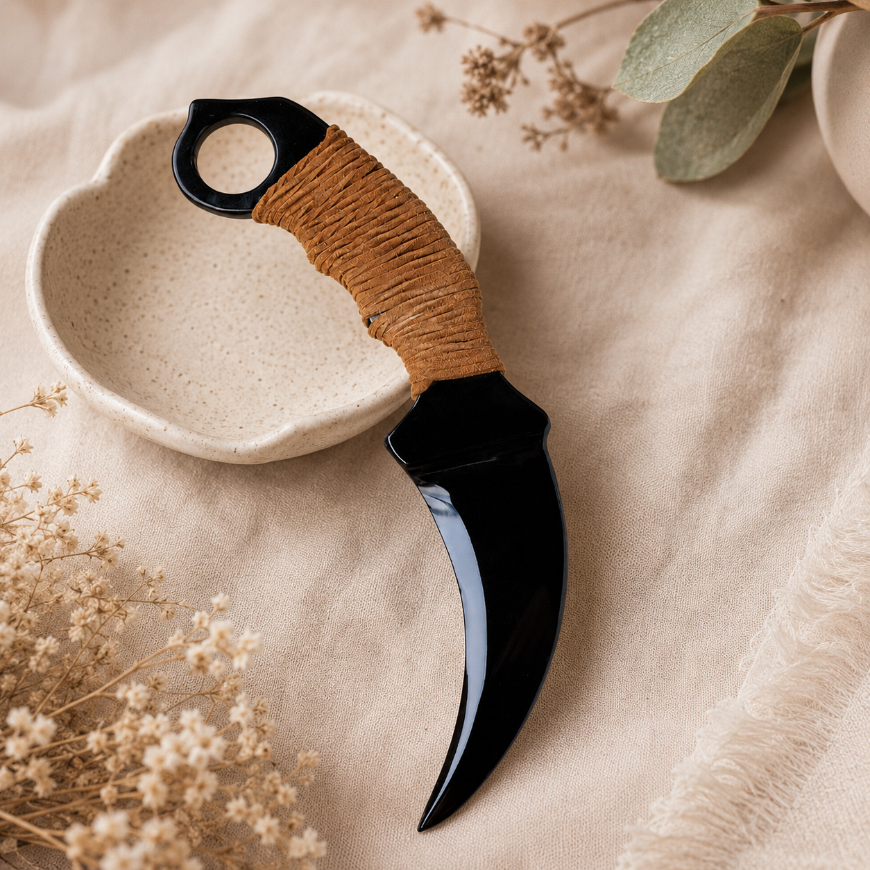 Natural Black Obsidian Eagle Claw Carving, Cord Wrapped Karambit-Inspired Crystal Ornament, Gothic Altar Decor and Collector Gift