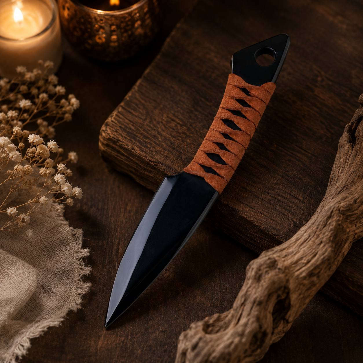 Natural Black Obsidian Dagger Carving, Cord-Wrapped Crystal Display Ornament, Gothic Altar Decor and Unique Collector Gift