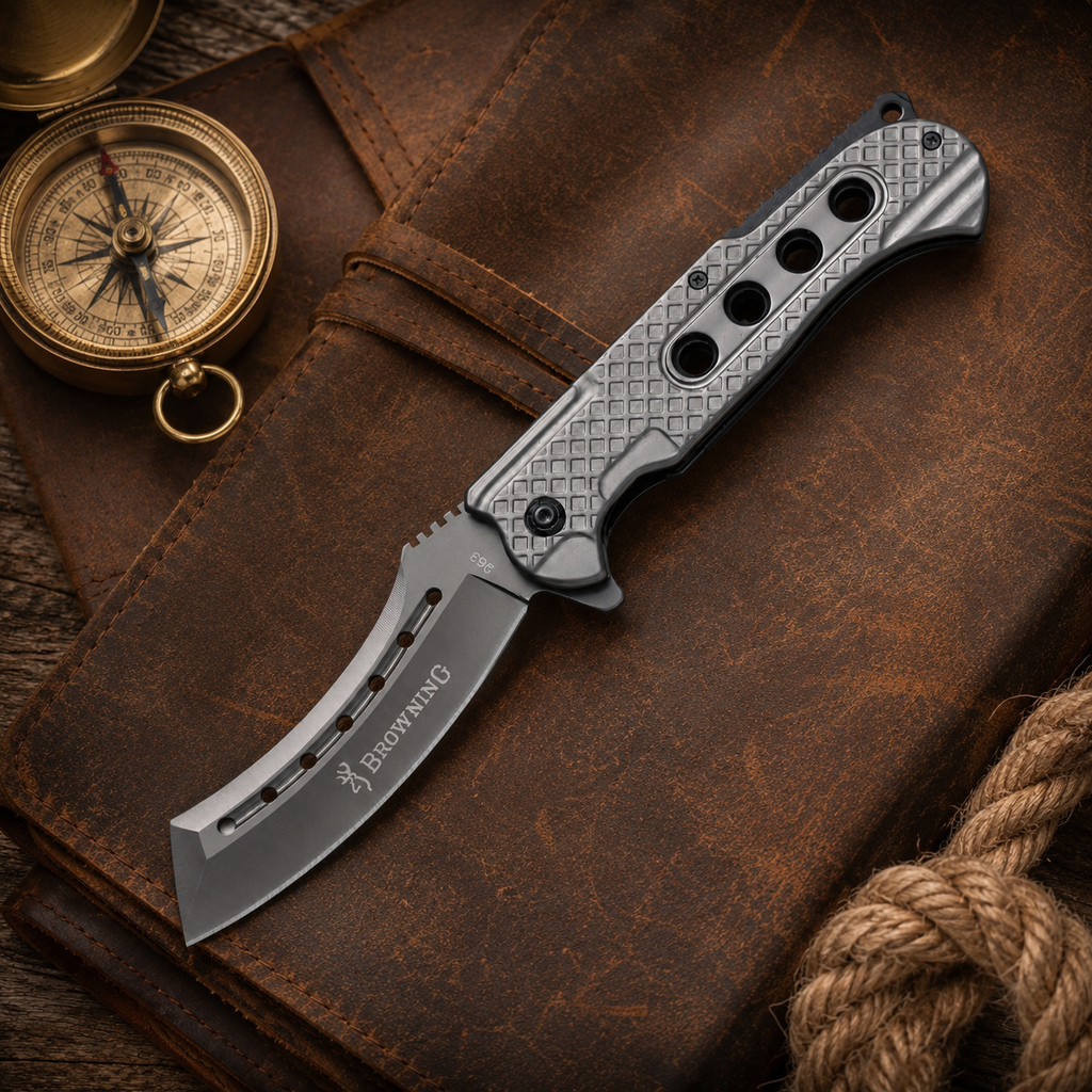Silver Cleaver-Style Folding Pocket Knife with Textured Metal Handle and Ventilated Blade – Outdoor Collector Gift