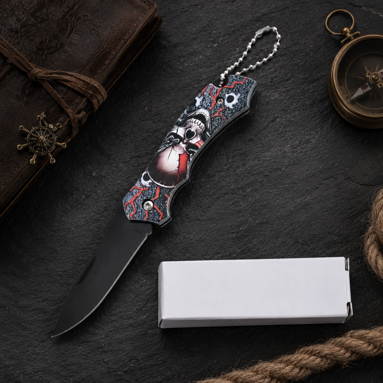 Gothic Skull Graphic Folding Pocket Knife with Black Blade & Keychain – EDC Collector Gift