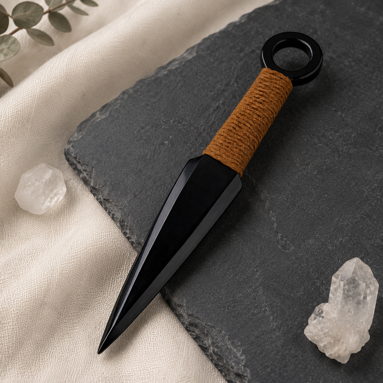 Natural Black Obsidian Kunai Carving, Cord-Wrapped Crystal Display Ornament, Ninja-Inspired Gothic Altar Decor and Collector Gift