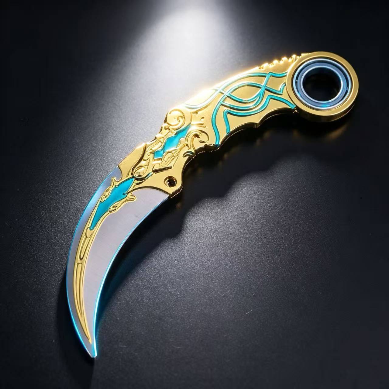 Gold Cyan Pattern Rotatable Karambit Trainer