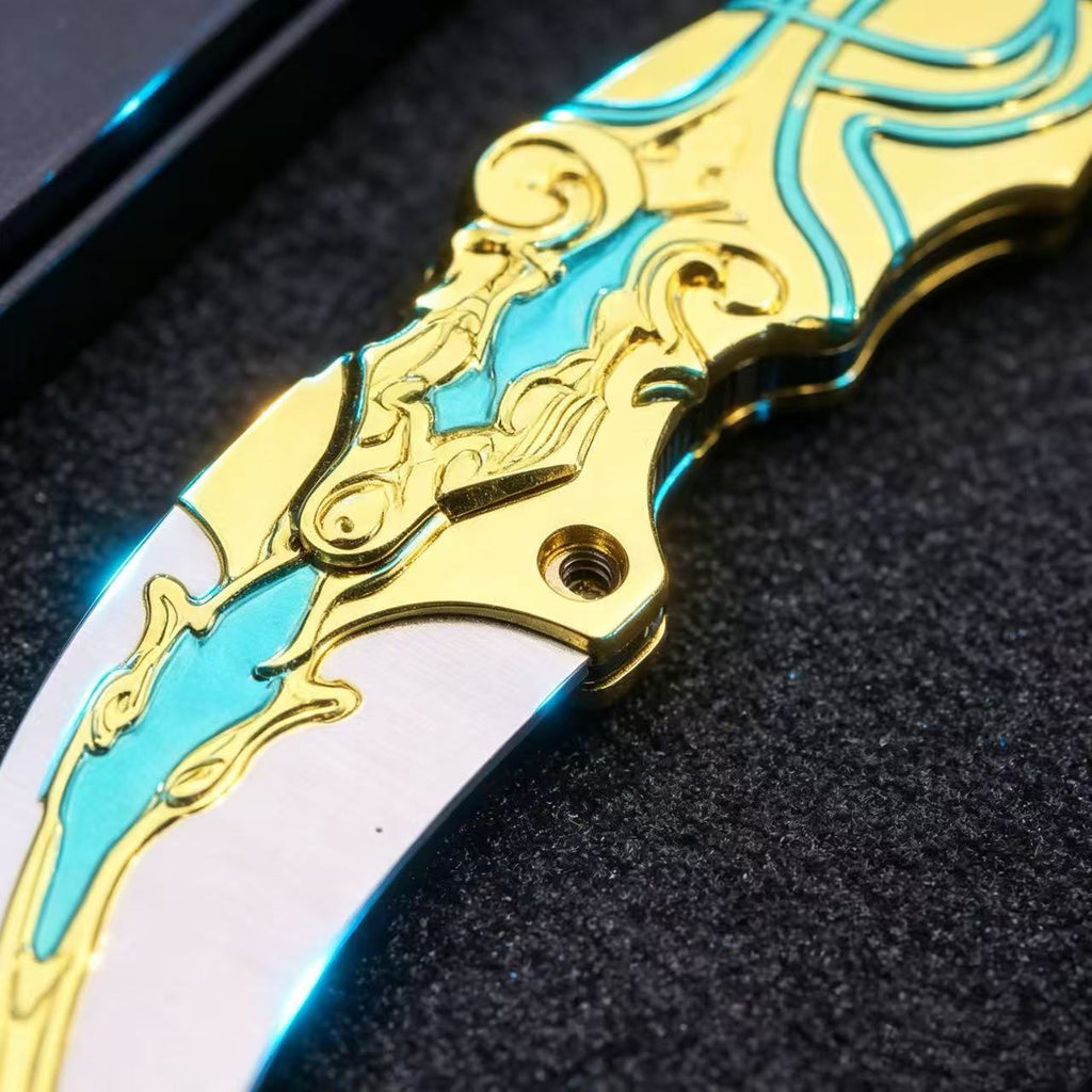 Gold Cyan Pattern Rotatable Karambit Trainer