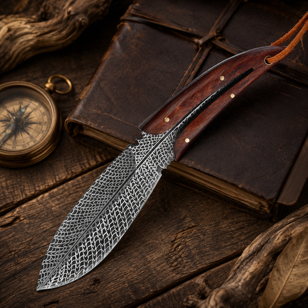Damascus-Pattern Fixed Blade Knife with Red Wood Handle & Leather Lanyard – Rustic Outdoor Collector Gift