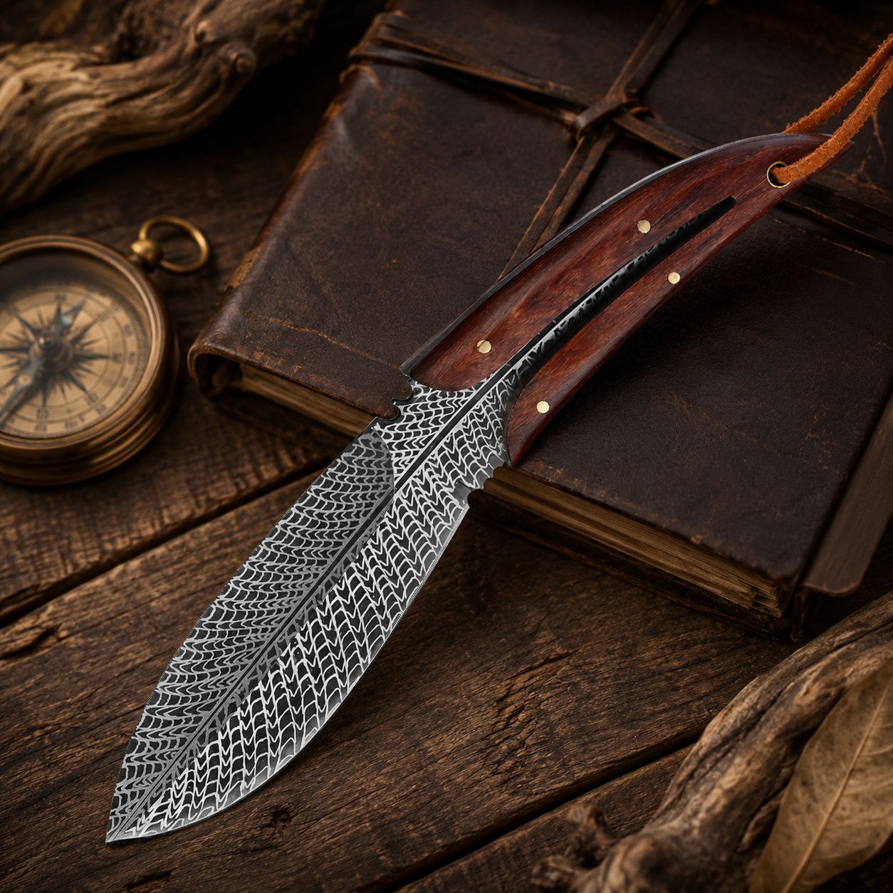 Damascus-Pattern Fixed Blade Knife with Red Wood Handle & Leather Lanyard – Rustic Outdoor Collector Gift