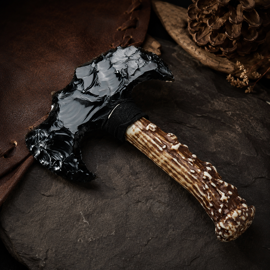 Black Obsidian Double Crescent Axe, Antler-Style Handle Crystal Display Ornament, Rustic Gothic Altar Decor and Collector Gift