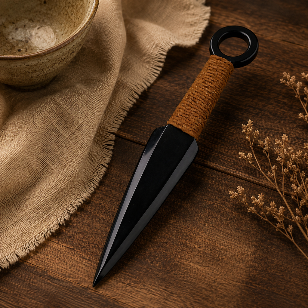 Natural Black Obsidian Kunai Carving, Cord-Wrapped Crystal Display Ornament, Ninja-Inspired Gothic Altar Decor and Collector Gift