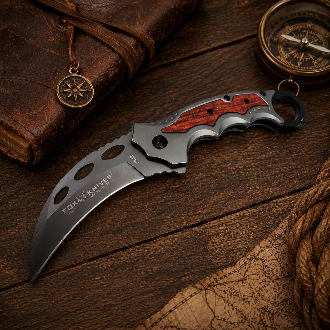 Red Wood Inlay Karambit-Style Folding Pocket Knife with Curved Gray Blade & Finger Ring – Collector Gift