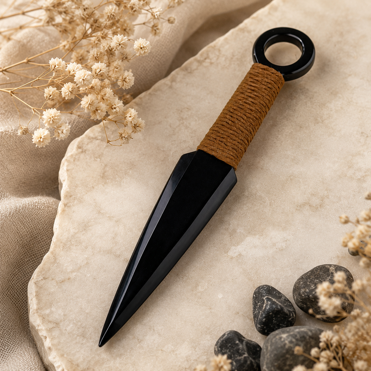 Natural Black Obsidian Kunai Carving, Cord-Wrapped Crystal Display Ornament, Ninja-Inspired Gothic Altar Decor and Collector Gift