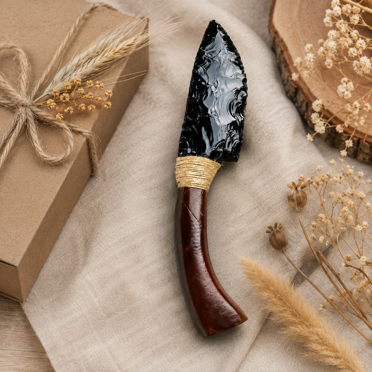 Natural Black Obsidian Dragon Glass Curved Blade Carving, Horn Handle Crystal Display Ornament, Rustic Gothic Collector Gift