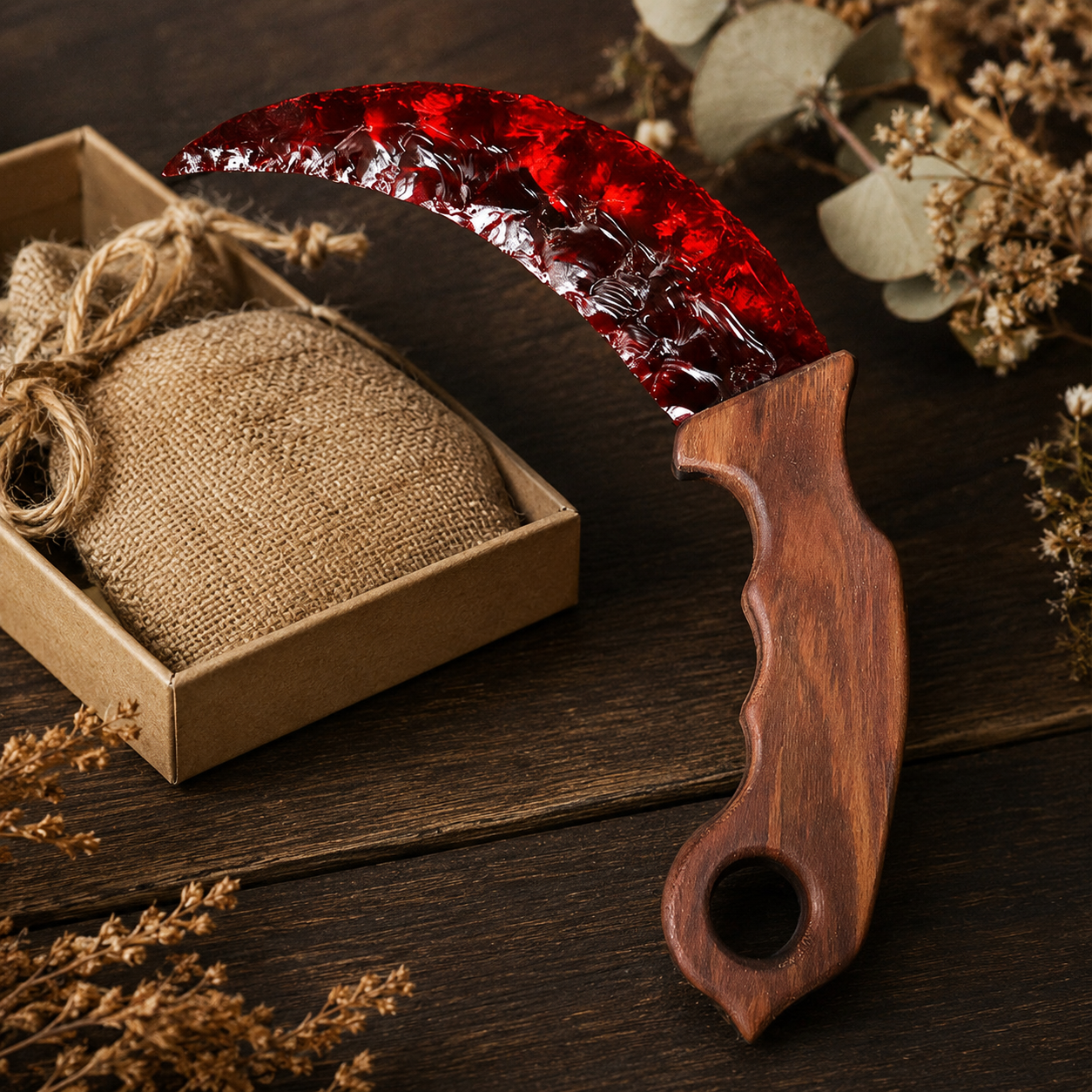 Ruby Red Crescent Crystal Dagger with Wooden Handle, Moon-Shaped Fantasy Display Ornament, Gothic Altar Decor and Collector Gift