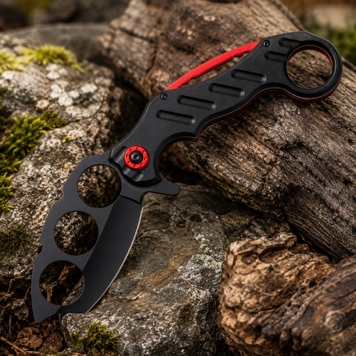 Black & Red Skeletonized Folding Pocket Knife with Triple Blade Cutouts and Finger Ring – Tactical Collector Gift
