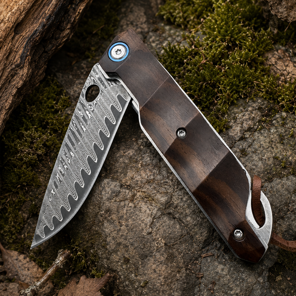 Damascus-Pattern Folding Pocket Knife with Dark Wood Handle, Blue Pivot Accent and Leather Lanyard – Rustic Collector Gift