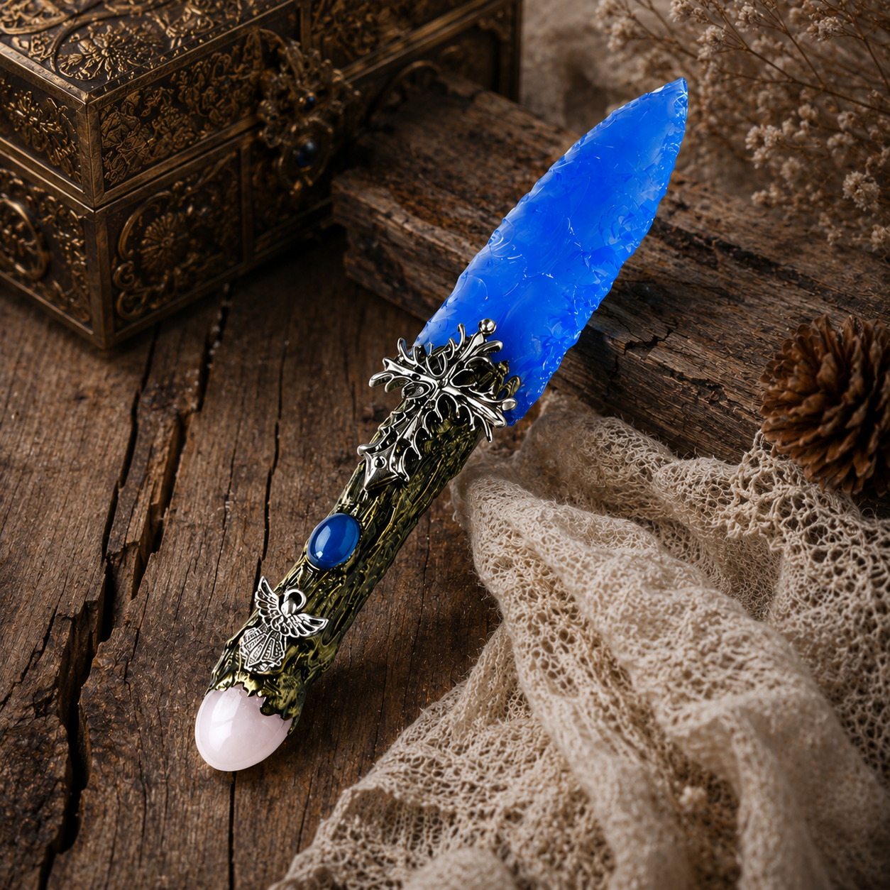 Blue Opalite Fantasy Dagger, Ornate Cross and Angel Handle, Crystal Magic Wand Display, Gothic Altar Decor and Collector Gift