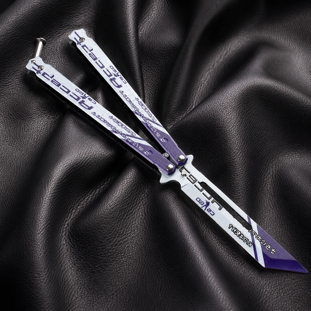 White Purple Cyber Balisong Style Collectible, Futuristic Butterfly Design, Metal Display Piece with Tech Graphic Pattern