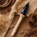 Large Black Obsidian Arrowhead Carving with Twine-Wrapped Wooden Handle, Rustic Crystal Display Ornament and Unique Collector Gift