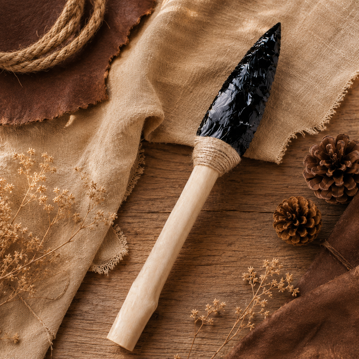 Large Black Obsidian Arrowhead Carving with Twine-Wrapped Wooden Handle, Rustic Crystal Display Ornament and Unique Collector Gift
