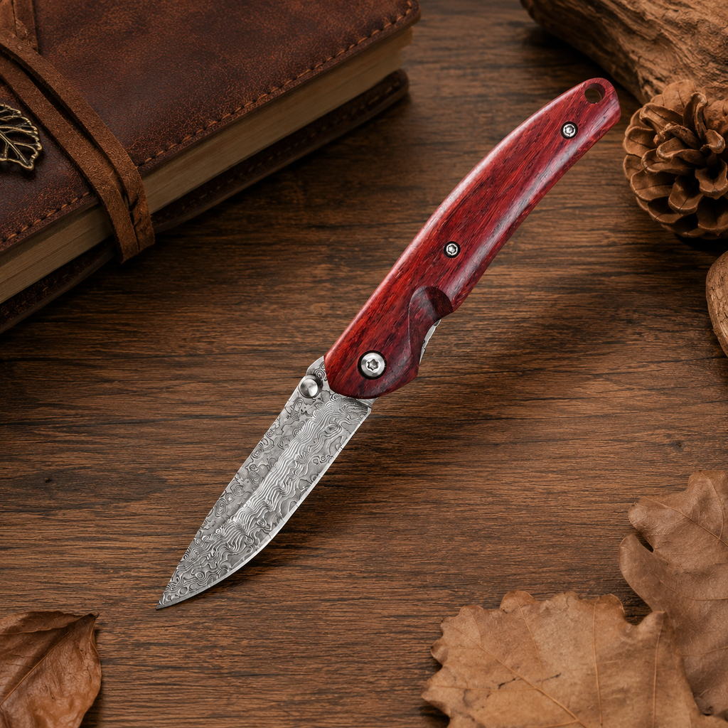 Red Wood Handle Damascus-Pattern Folding Knife – Compact Outdoor Pocket Knife & Collector Gift