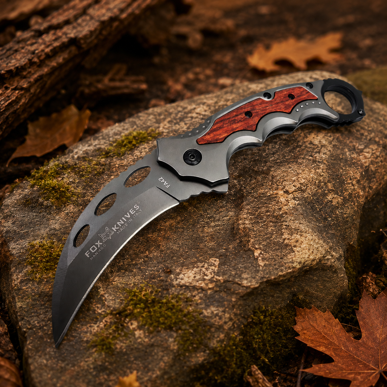 Red Wood Inlay Karambit-Style Folding Pocket Knife with Curved Gray Blade & Finger Ring – Collector Gift
