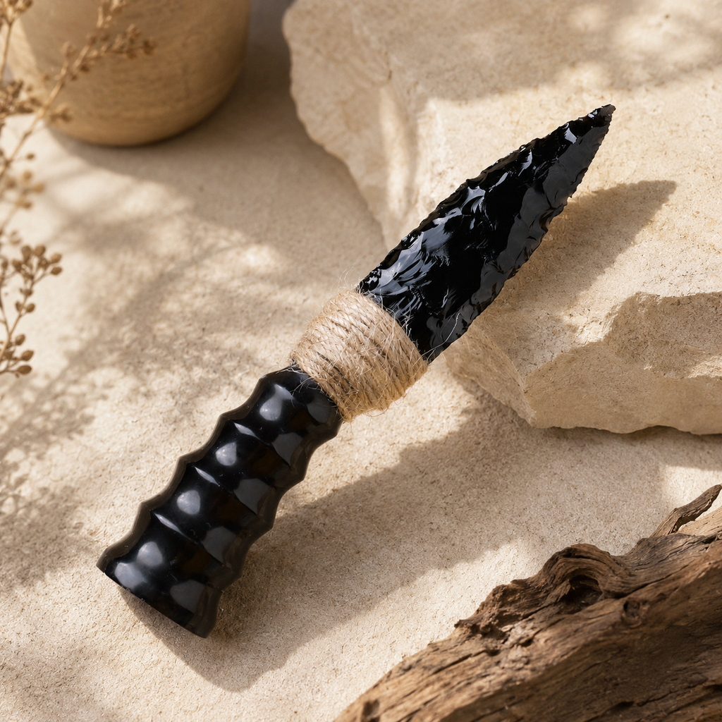 Large Black Obsidian Arrowhead Carving with Natural Horn Handle, Twine-Wrapped Rustic Crystal Display Ornament and Collector Gift