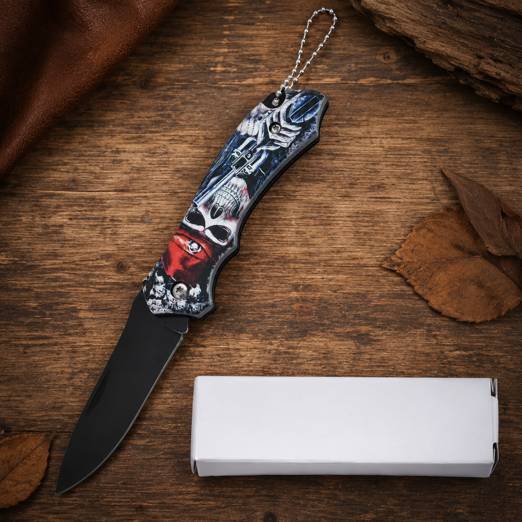 Gothic Skull Graphic Folding Pocket Knife with Black Blade & Keychain – Dark Fantasy Collector Gift