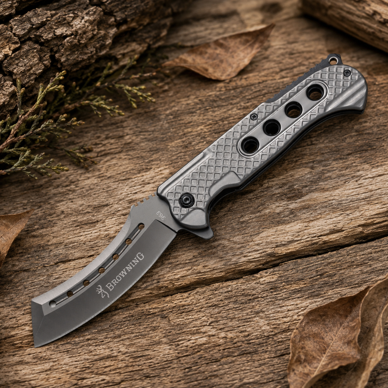Silver Cleaver-Style Folding Pocket Knife with Textured Metal Handle and Ventilated Blade – Outdoor Collector Gift